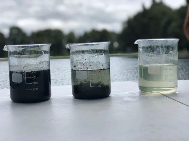 Muestras de agua en tres etapas de tratamiento